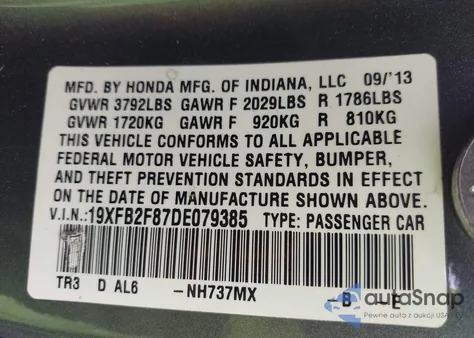 2013 Honda Civic Ex z USA, uszkodzony, nr VIN 19XFB2F87DE079385